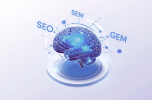 IA representada como cerebro que potencia el SEO, SEM y GEO