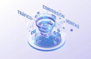 Ilustración isométrica en 3D de un embudo de conversión digital con las palabras TRÁFICO, CONVERSIÓN y VENTAS, mostrando un proceso tecnológico de optimización para landing pages.